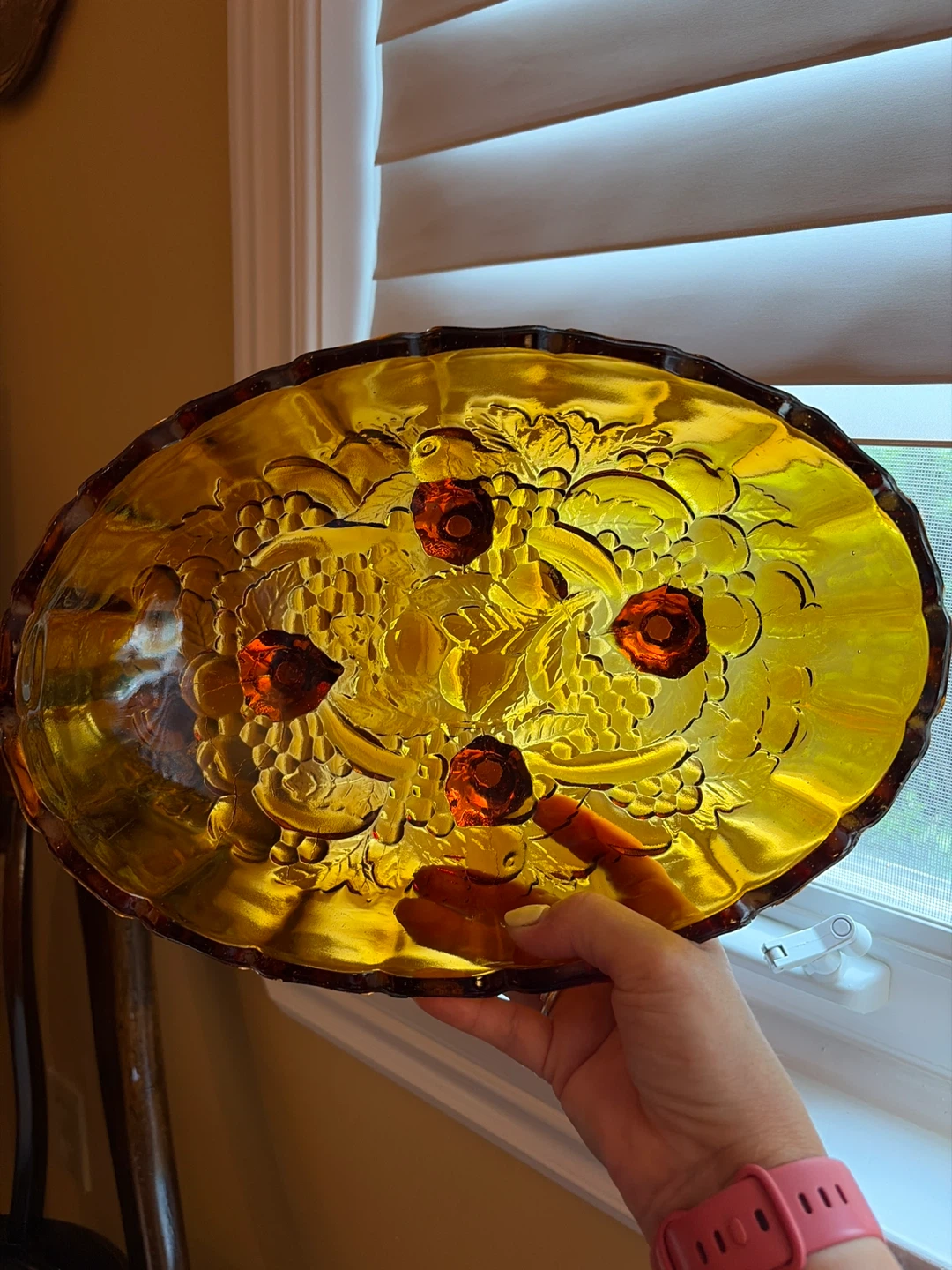 Vintage Indiana Amber Glass Fruit Embossed Bowl - photo 4
