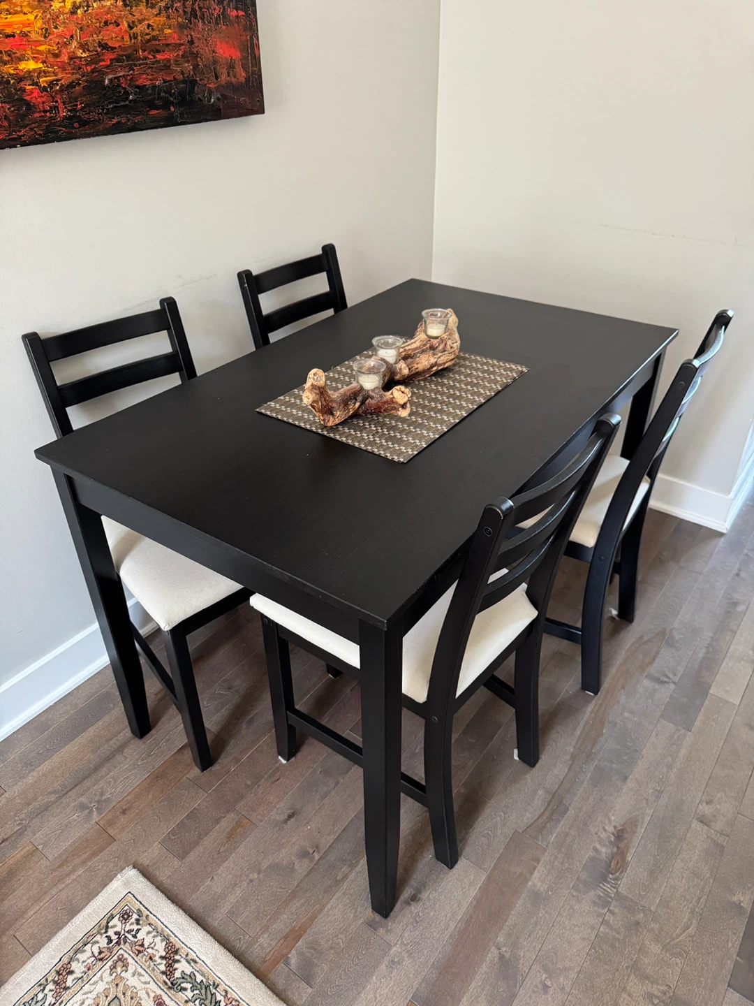 Dark Brown Dining Set & 4 Chair with Off White Cushion