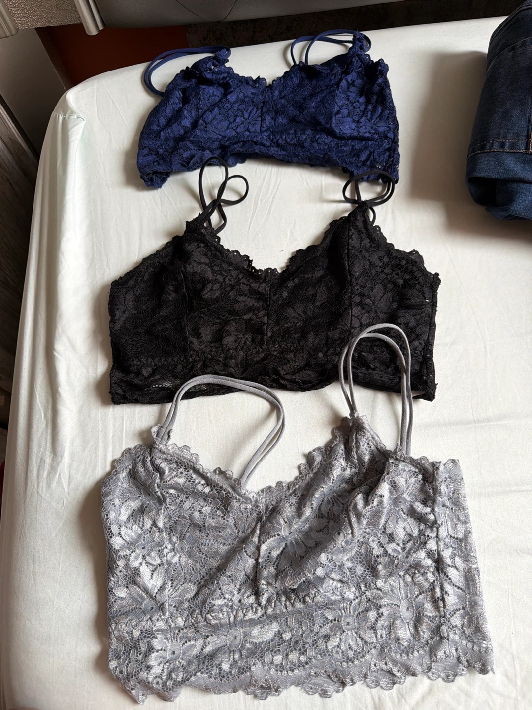 3 Pack Lace Bralettes - Blue, Black, Grey