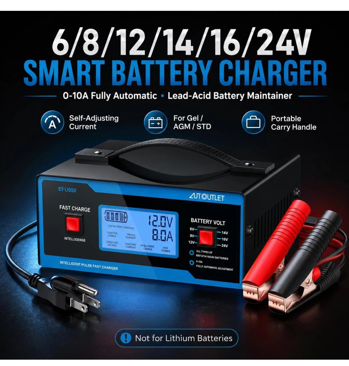 AUTOOUTLET EFU050 6V/12V/24V Smart Battery Charger - photo 2