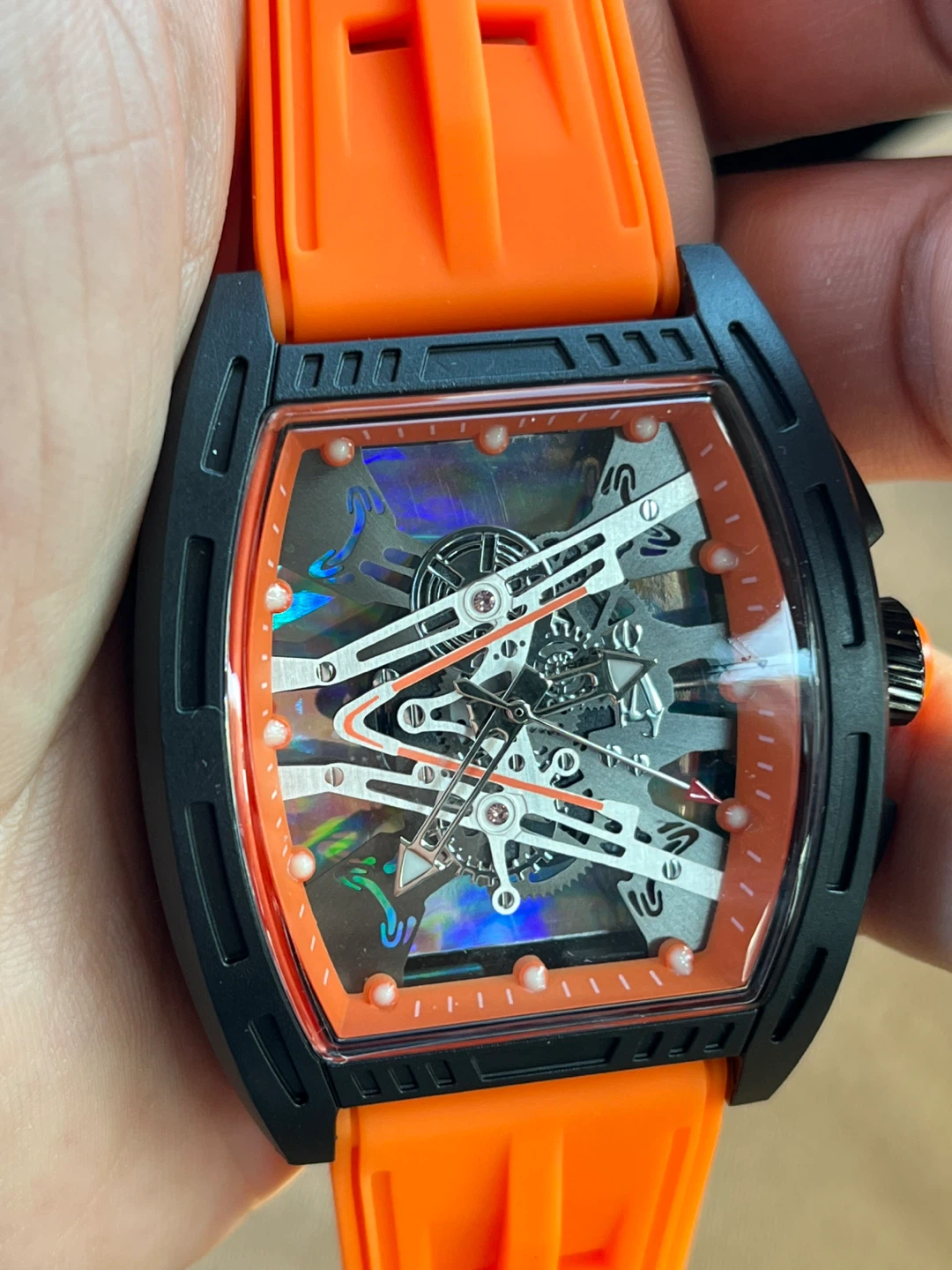(Free delivery) Skeleton Quartz Watch with Orange Strap