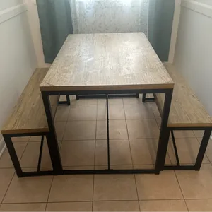 Rustic Wood Dining Table with 2 Benches