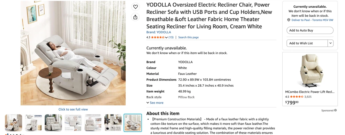 YODOLLA Oversized Electric Recliner Chair - Cream White - photo 2