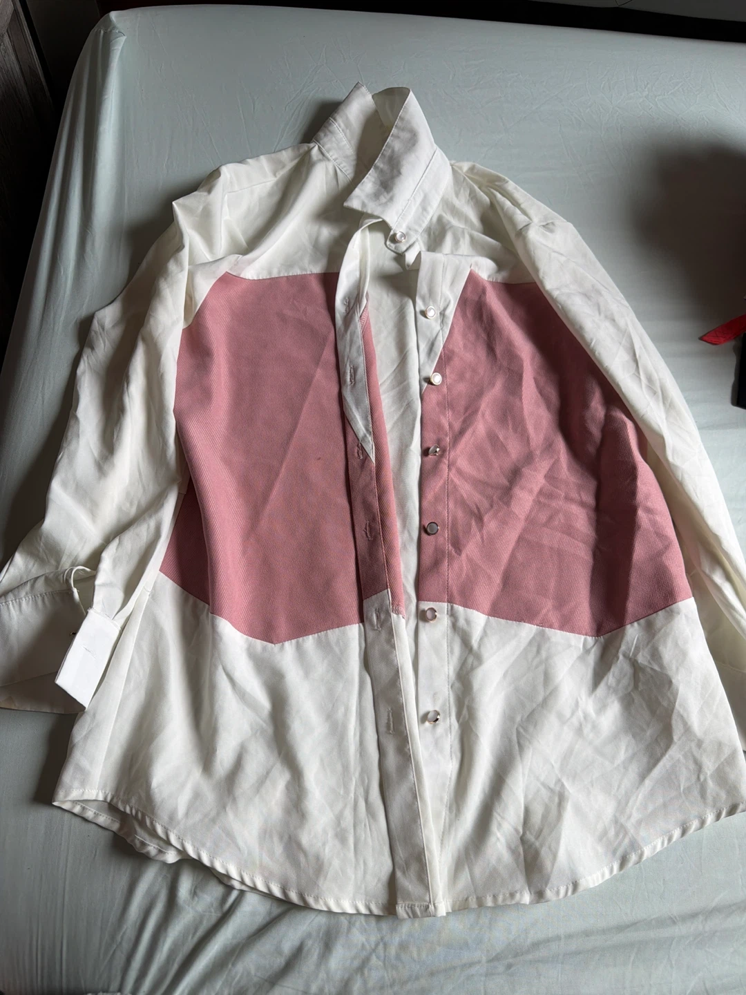 Colour-blocked white and pink button-up shirt