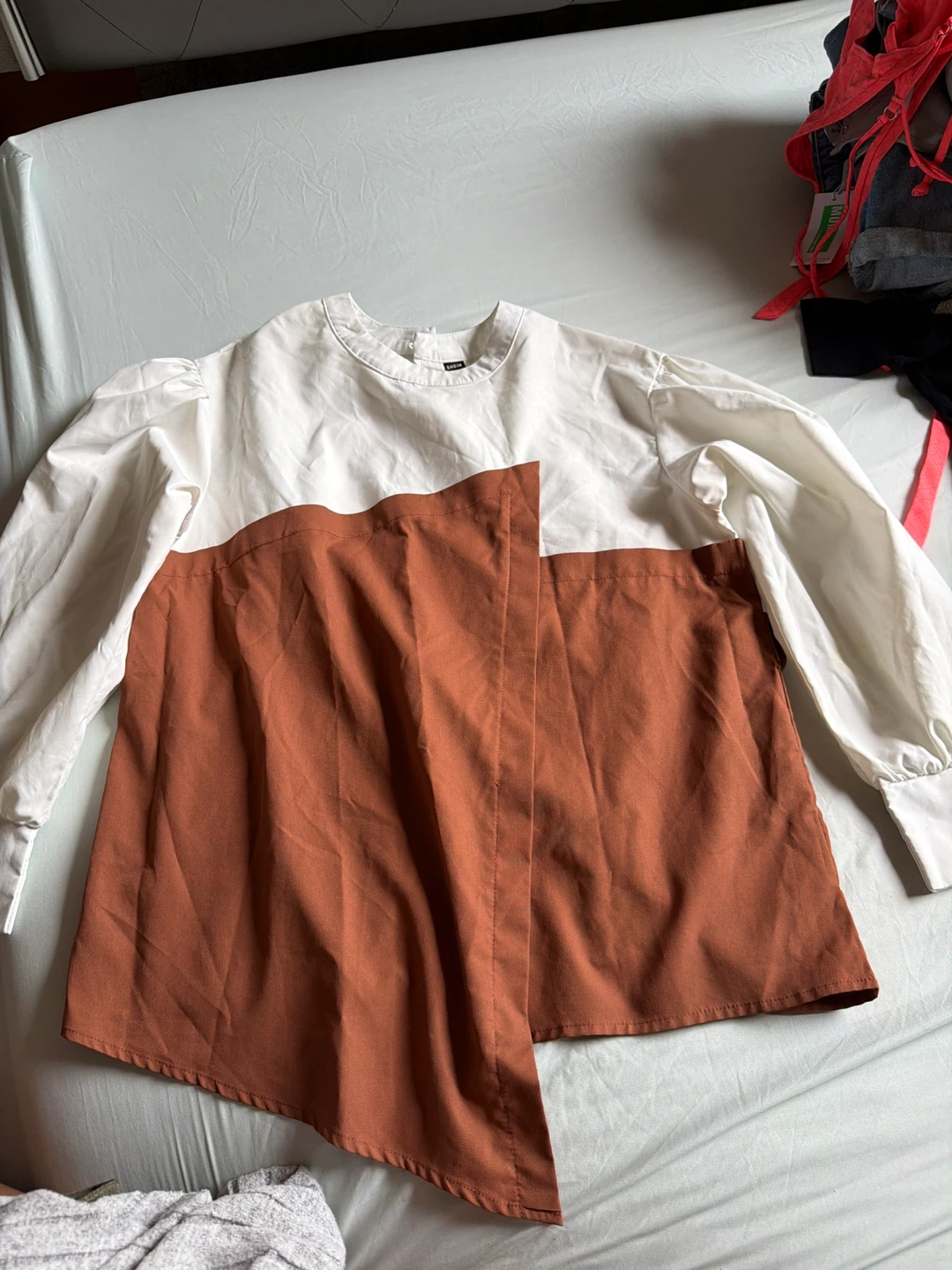 SHEIN White and Brown Asymmetrical Blouse