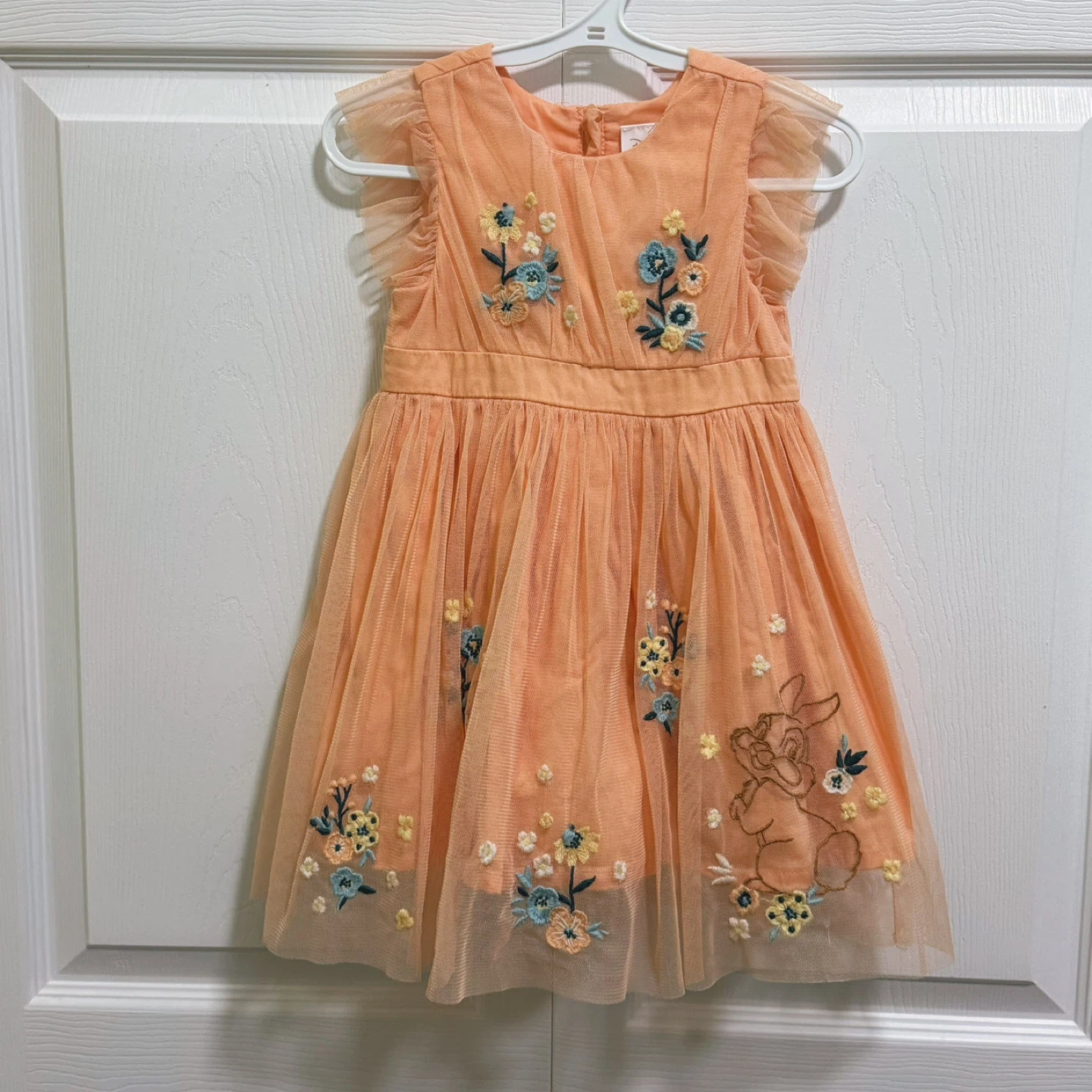 99% New Disney Peach Tulle Dress w/ Floral & Thumper Embroidery