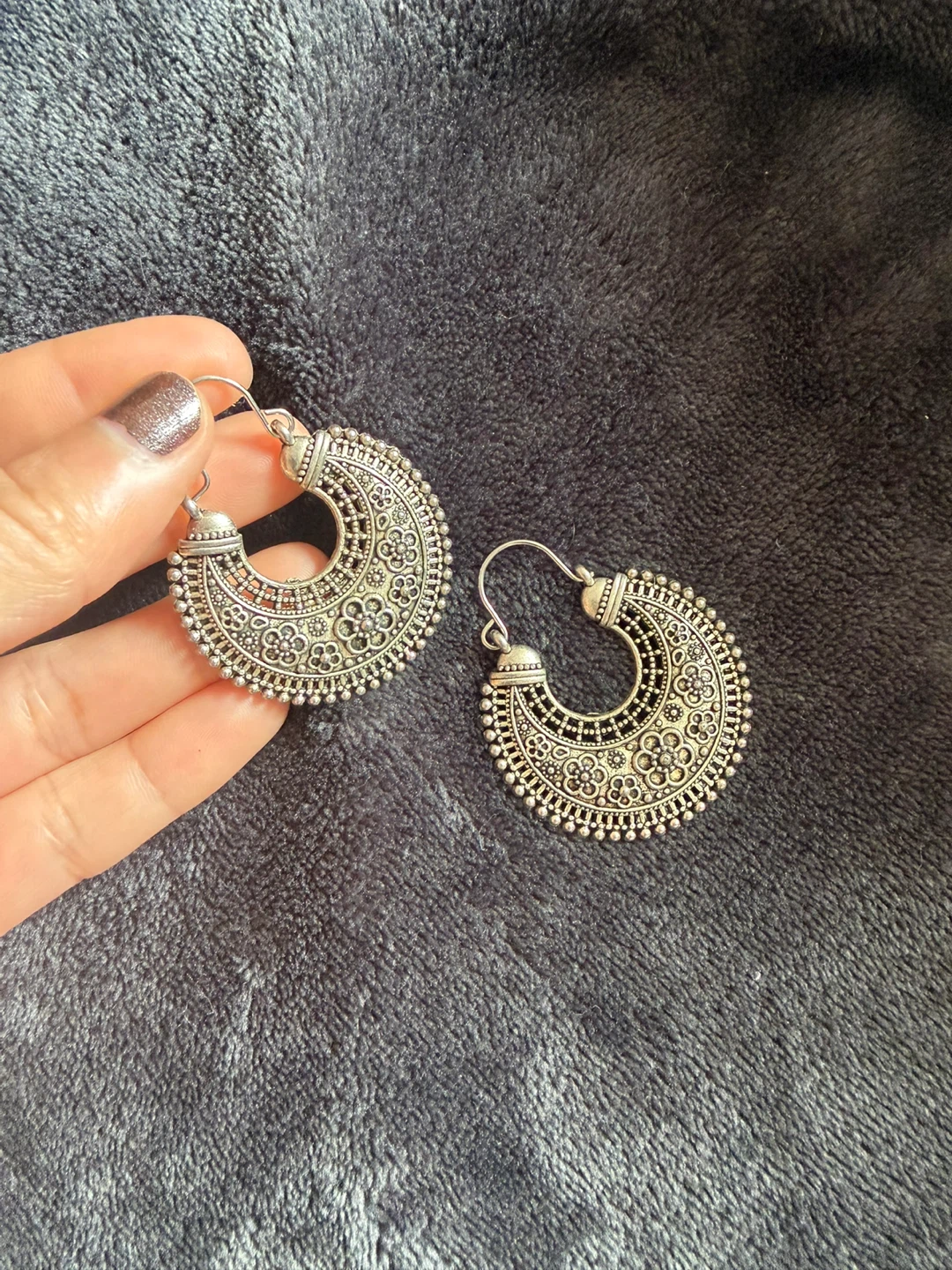 Silver Tone Tribal Hoop Earrings