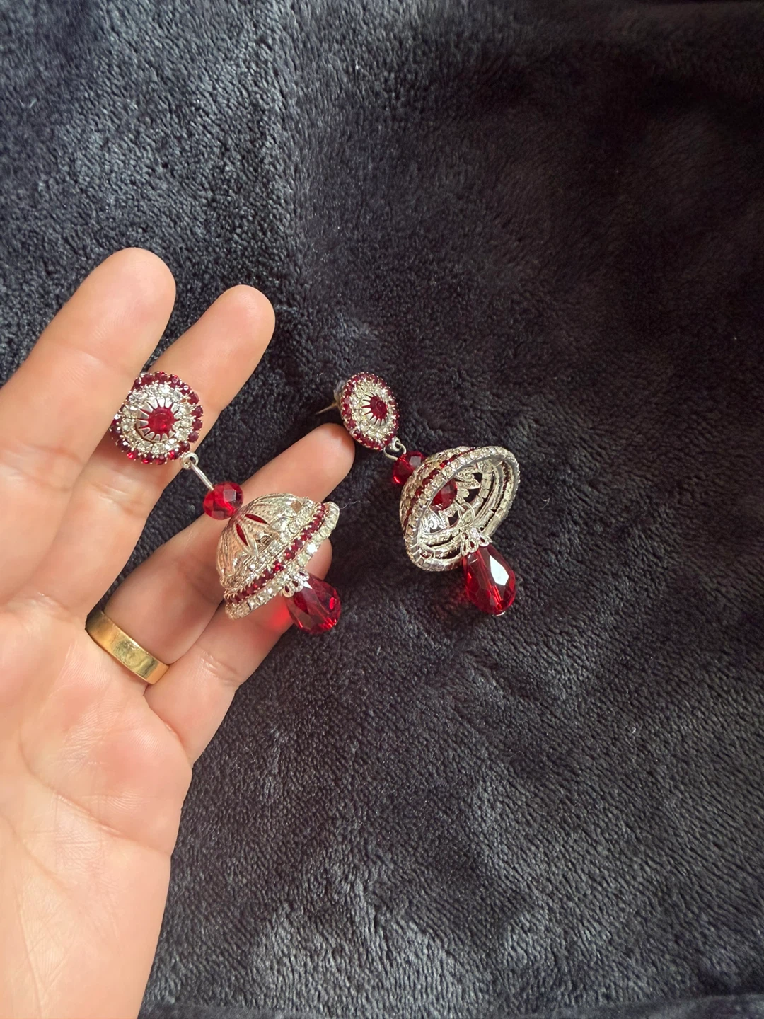 Jhumka Earrings with Red Gemstones