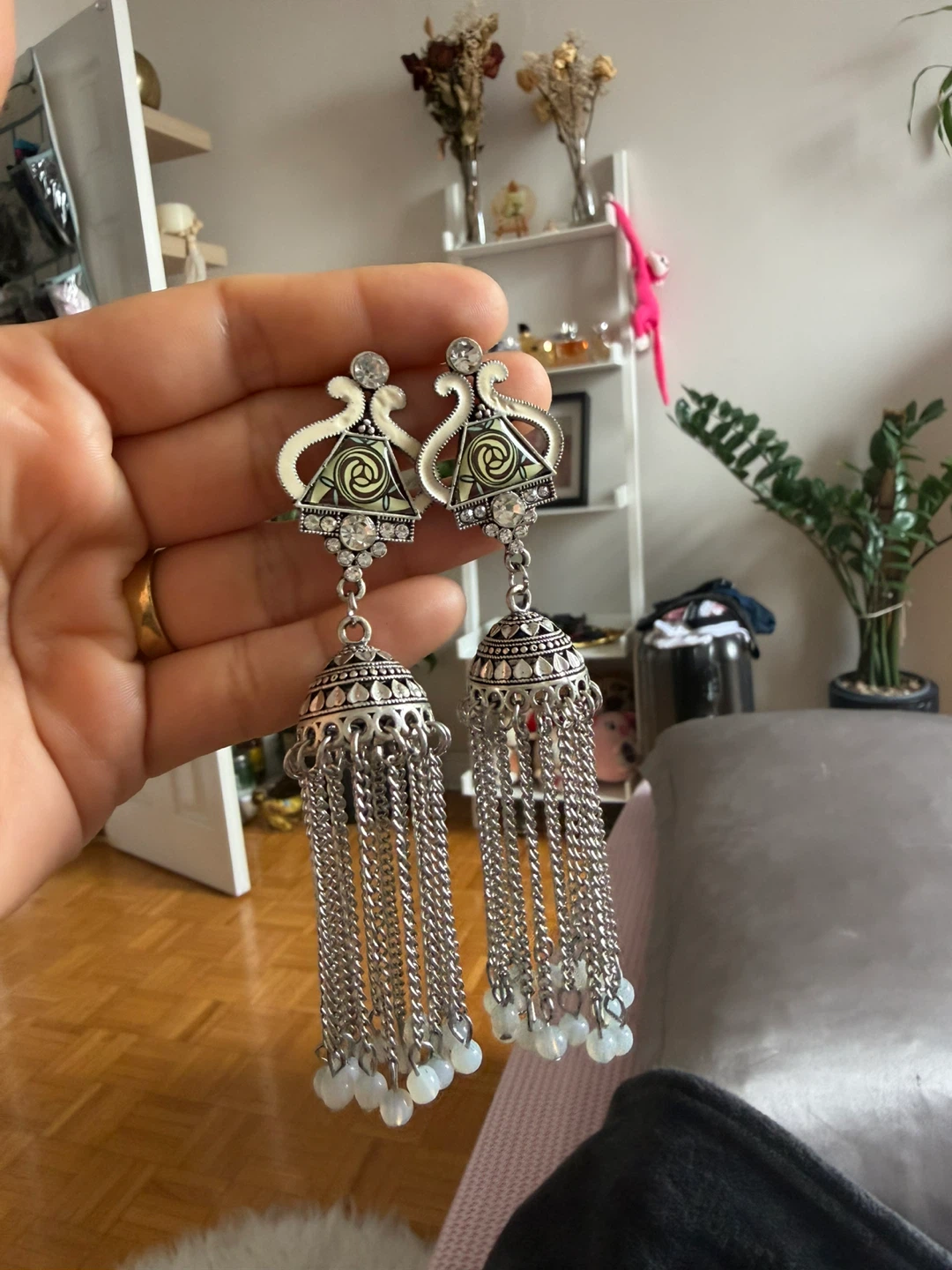 Silver Jhumka Earrings with White Beads - photo 2