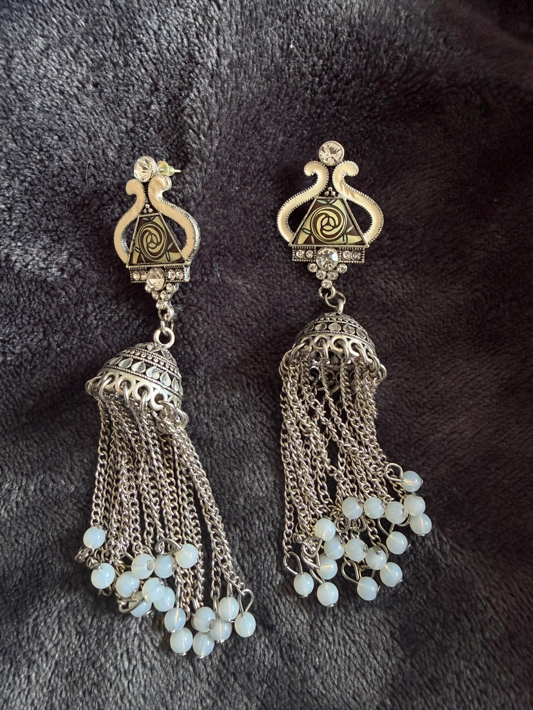 Silver Jhumka Earrings with White Beads