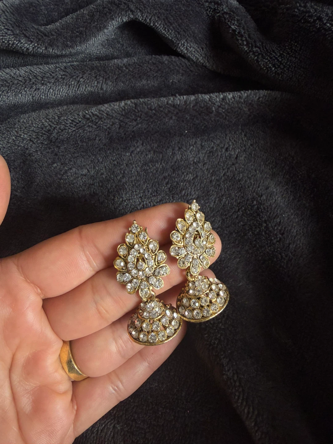 Gold-tone Jhumka Earrings with Clear Stones - photo 4