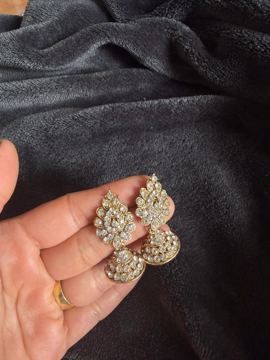 Gold-tone Jhumka Earrings with Clear Stones