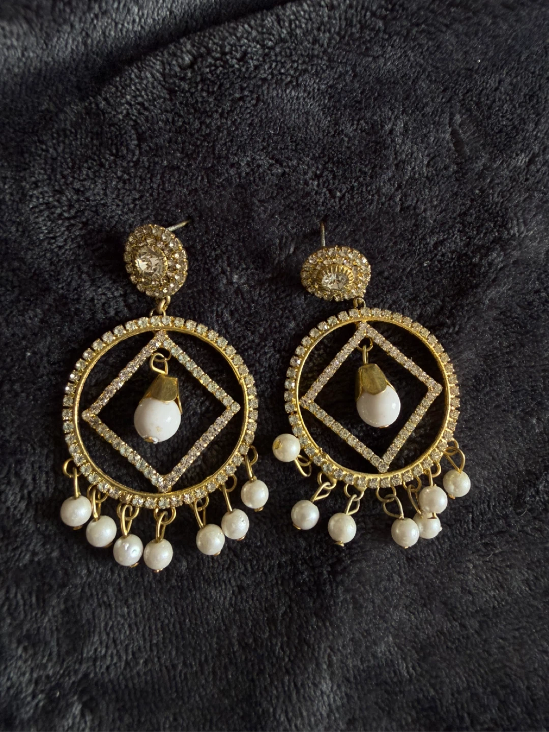 Gold-tone Chandelier Earrings with Pearls and Rhinestones
