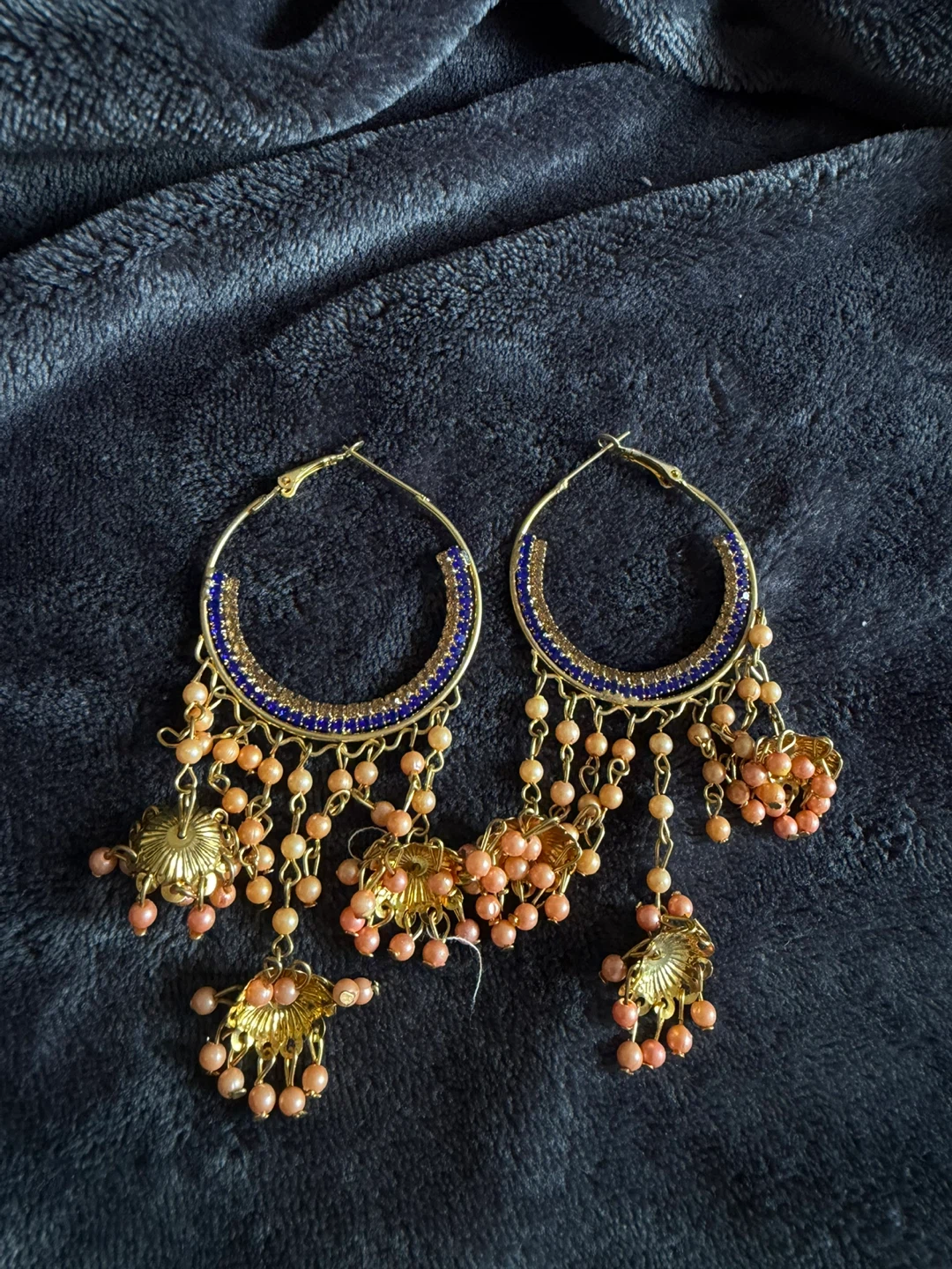 Gold Hoop Earrings with Blue Beads