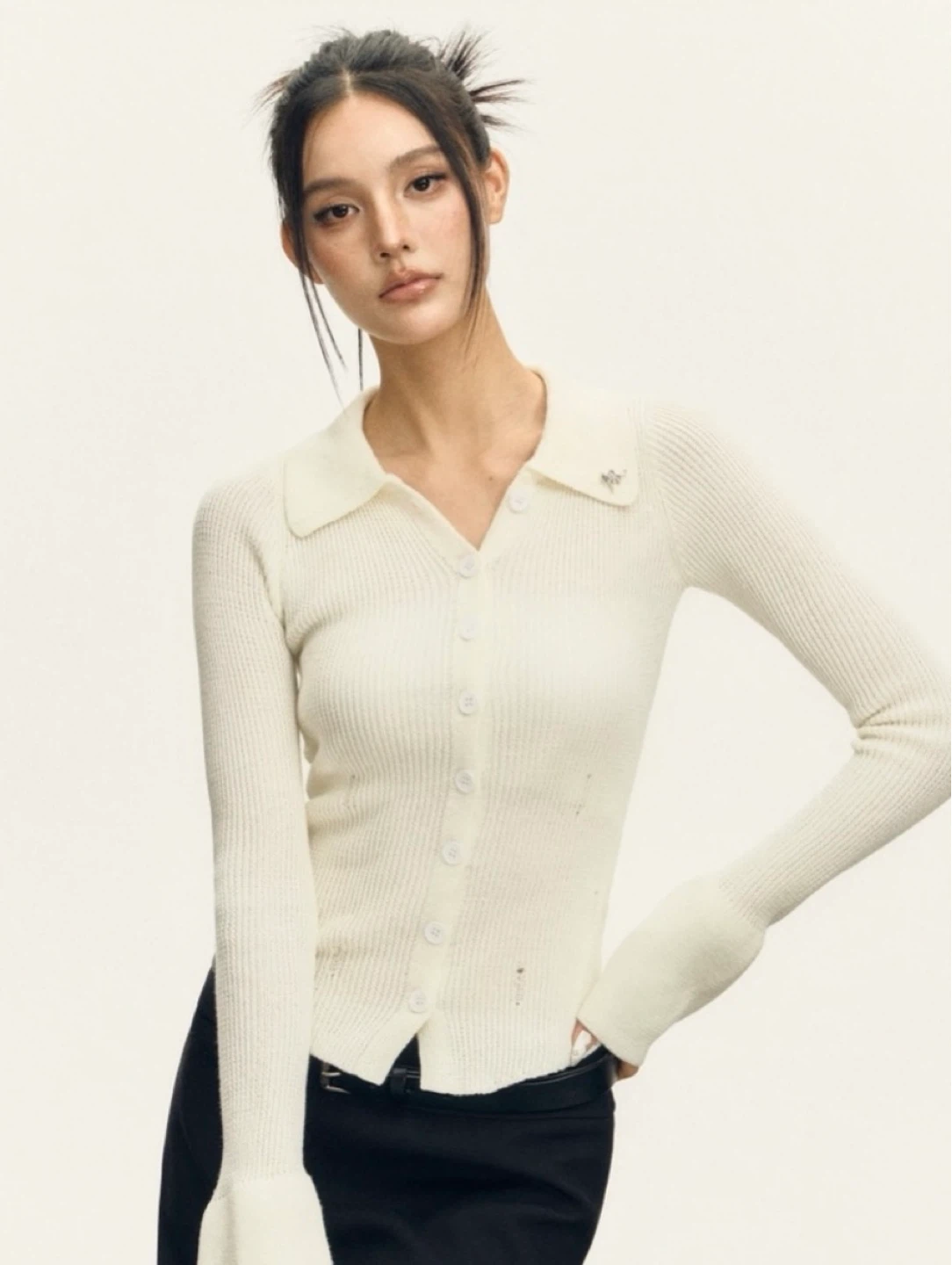 NWOT White Ribbed Collared Long Sleeve Button-Up Top