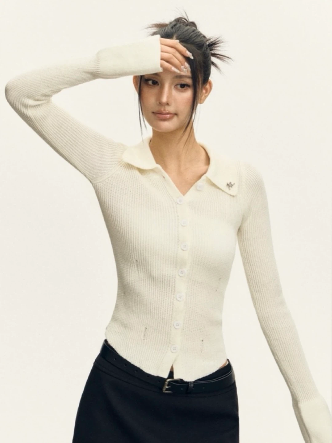NWOT White Ribbed Collared Long Sleeve Button-Up Top - photo 2