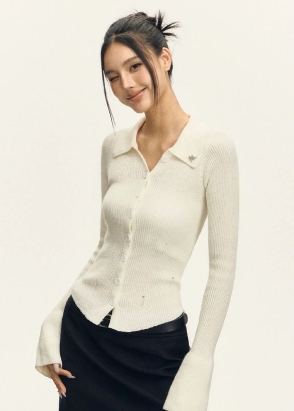 NWOT White Ribbed Collared Long Sleeve Button-Up Top - photo 4