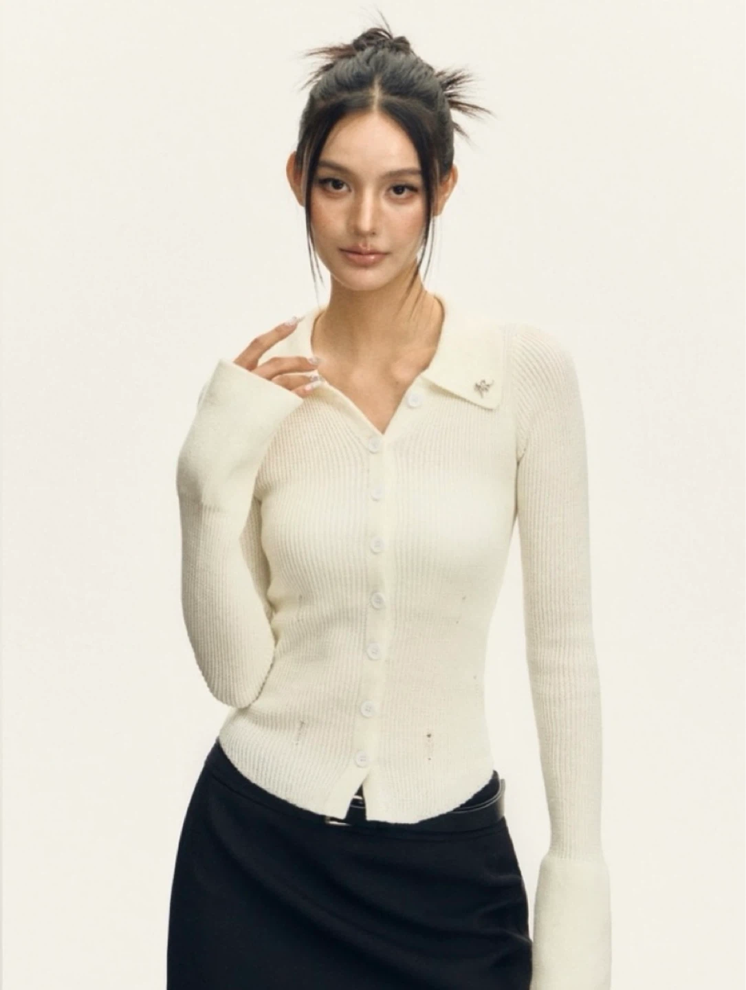 NWOT White Ribbed Collared Long Sleeve Button-Up Top - photo 3