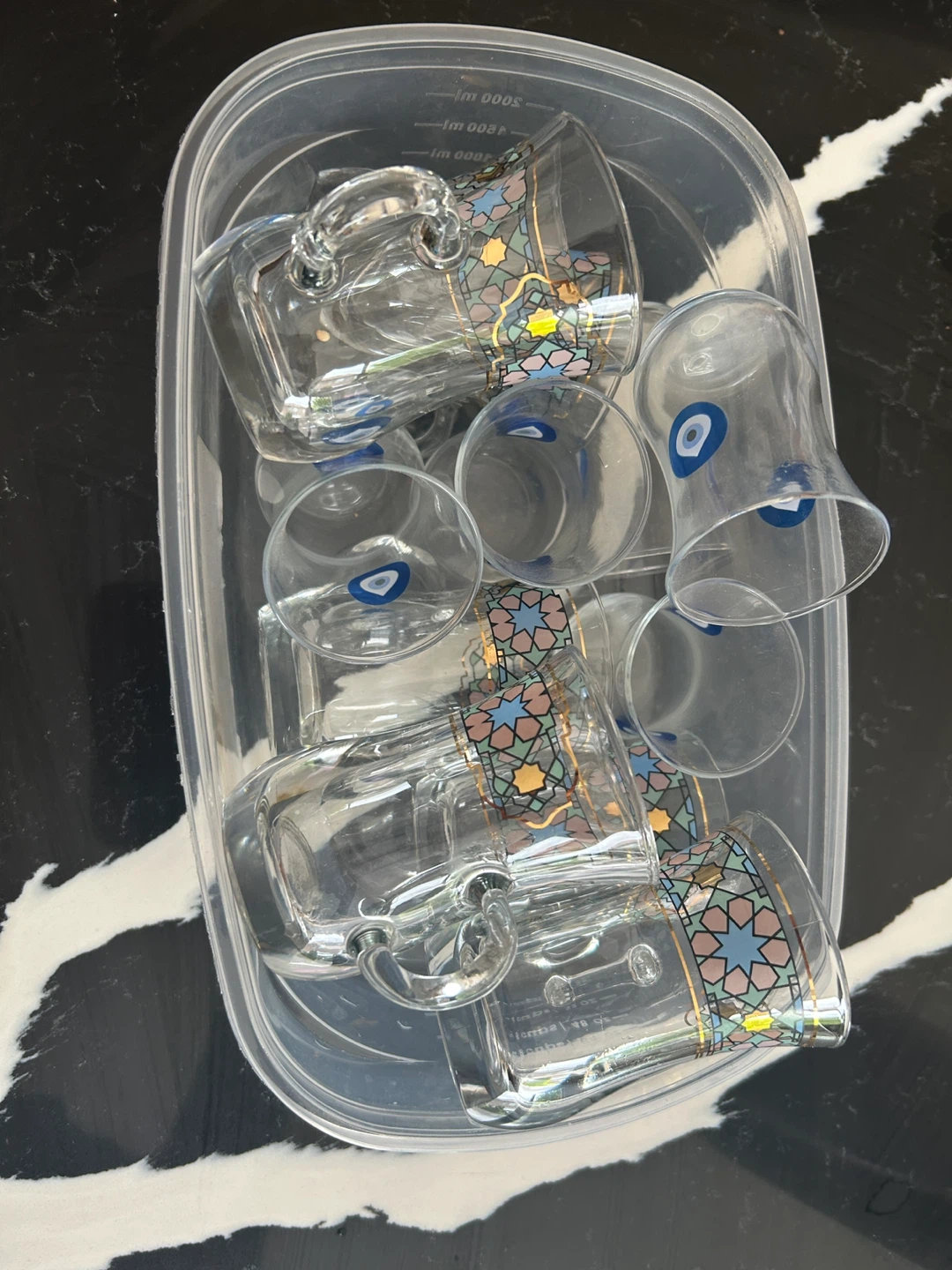 Assorted tea glasses but without plates