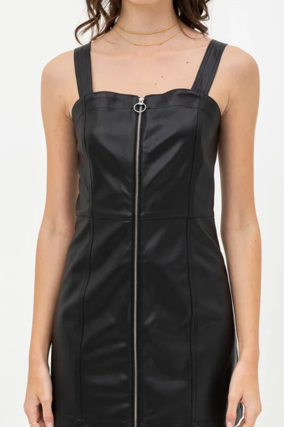 New! Black Faux Leather zipper front Pinafore Dress