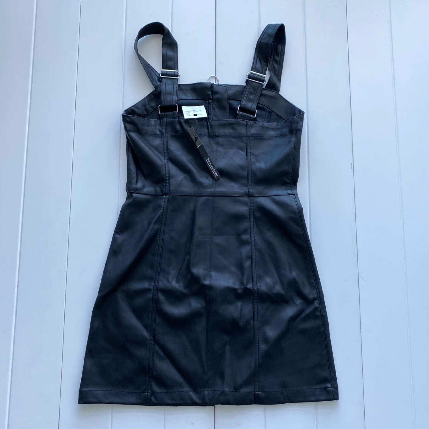 New! Black Faux Leather zipper front Pinafore Dress - photo 3
