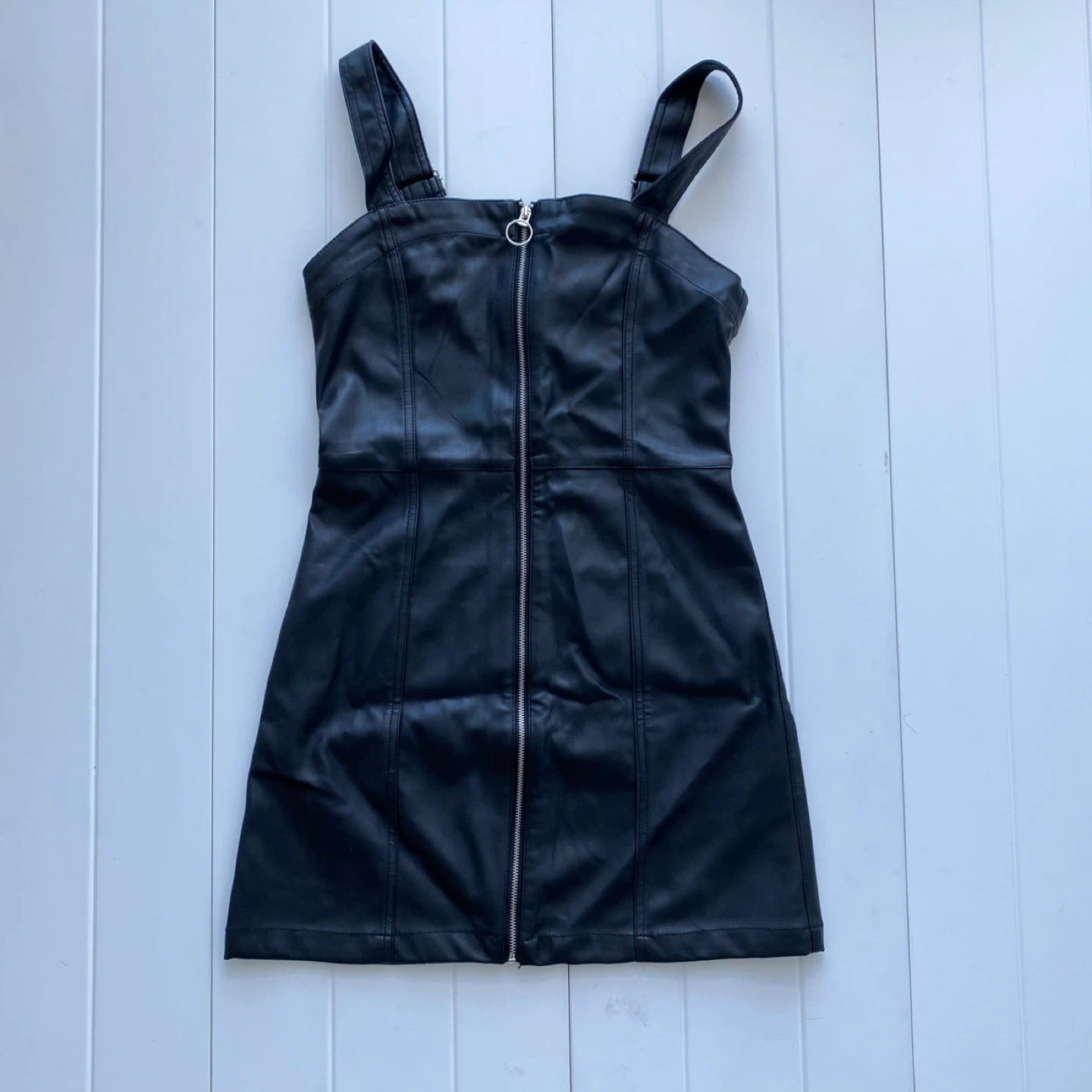 New! Black Faux Leather zipper front Pinafore Dress - photo 2