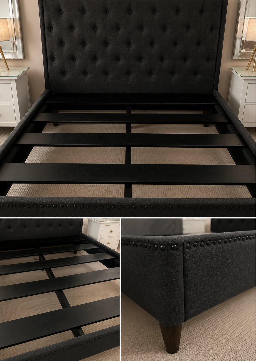 Queen Size Dark Grey Upholstered Tufted Bed Frame - photo 2