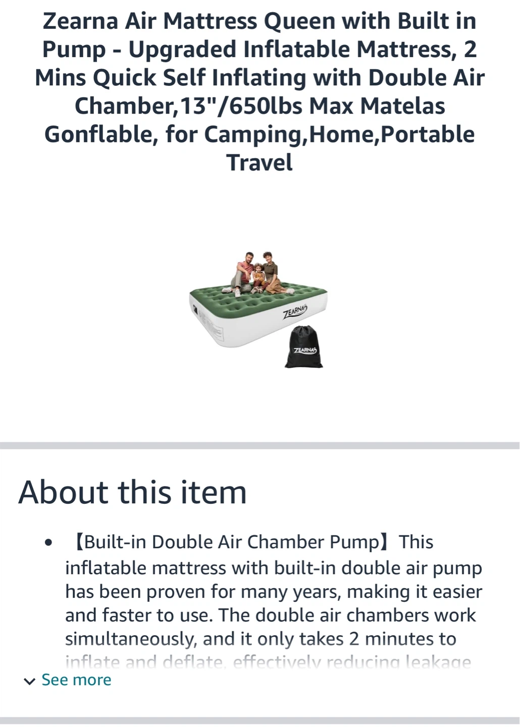 Zearna Air Mattress Queen with Built-in Pump