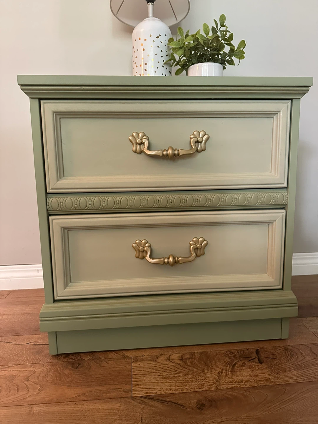 Green Two-Drawer Nightstand with Gold Hardware