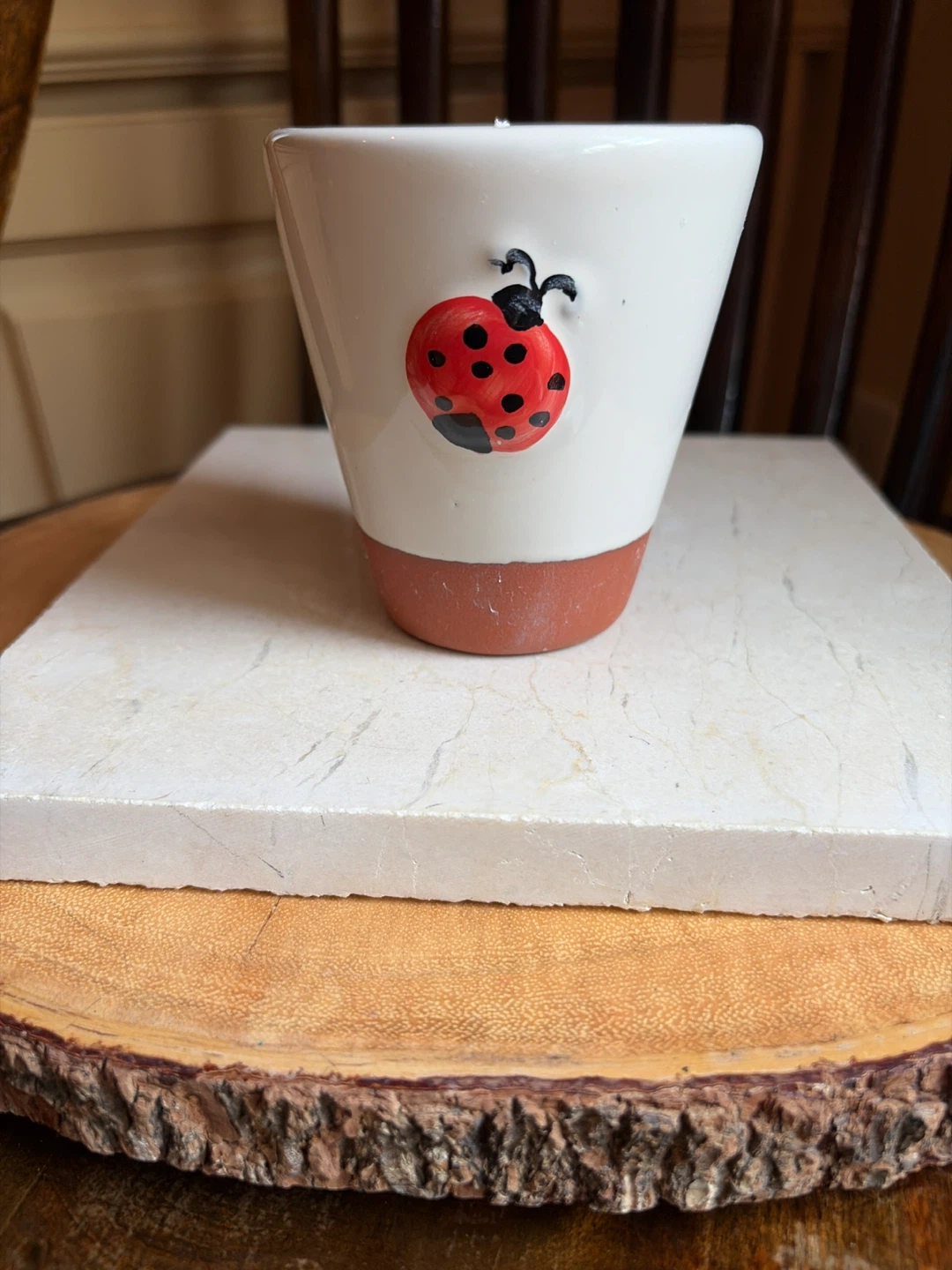 Terra Cotta and Glazed Candle with Ladybug Design