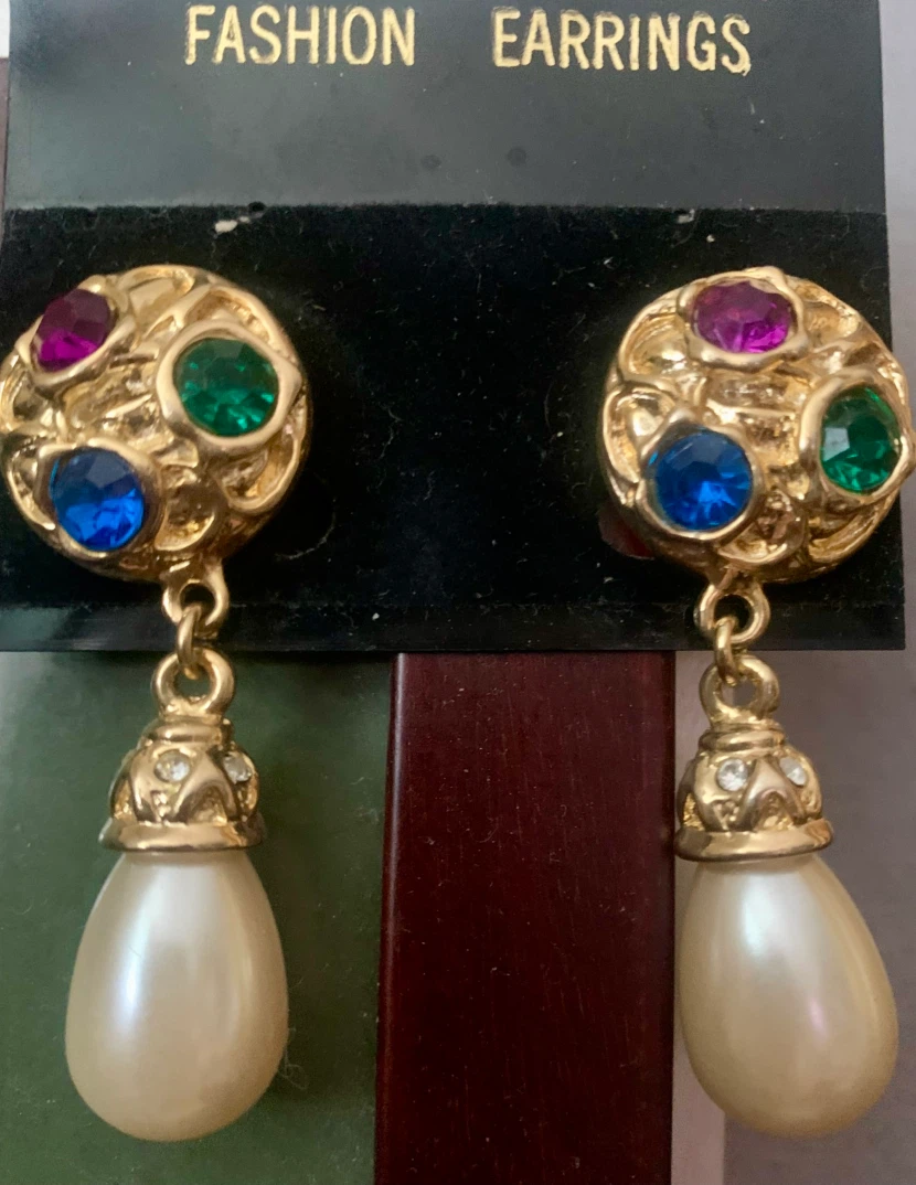 Gold-tone Dangle Earrings with Faux Pearls and Gems