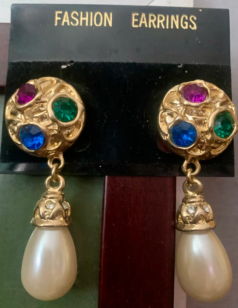 Gold-tone Dangle Earrings with Faux Pearls and Gems - photo 2