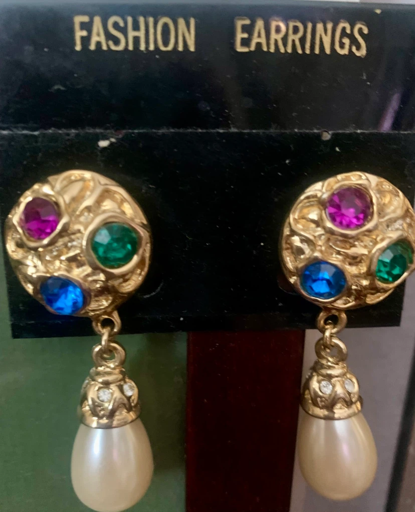 Gold-tone Dangle Earrings with Faux Pearls and Gems - photo 3