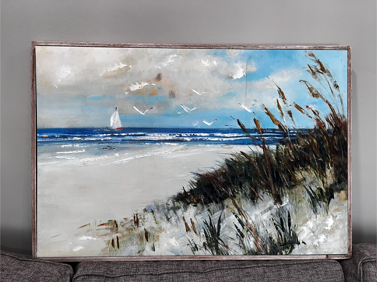 Beach Scene Oil Painting with Sailboat - photo 2