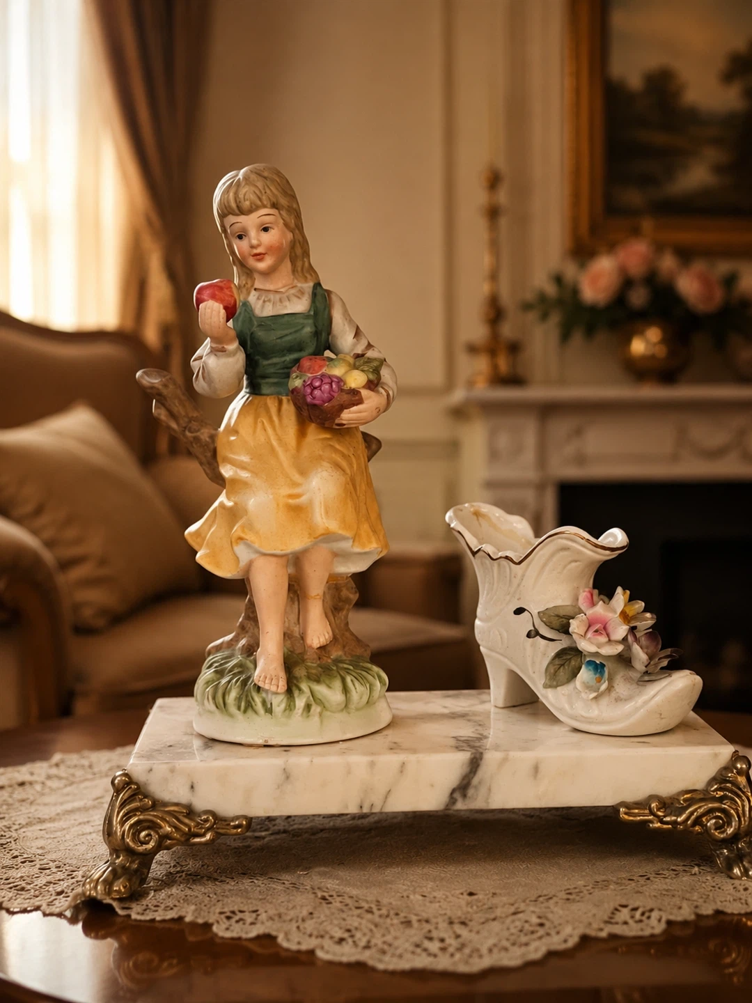 Porcelain Figurine - Girl with Fruit Basket & Shoe