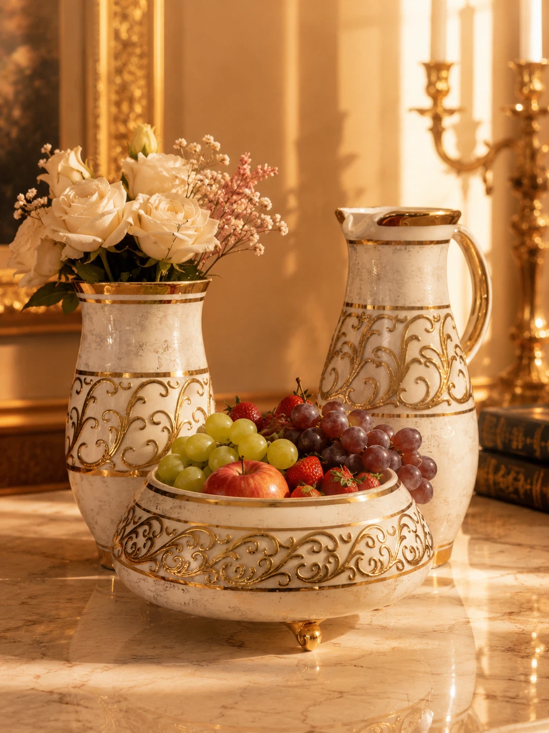 Ornate White and Gold Pitcher