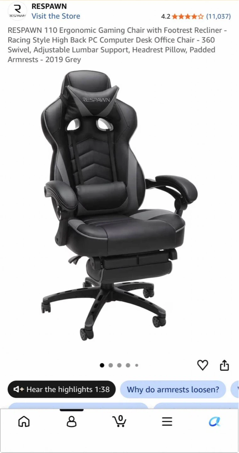 RESPAWN 110 Ergonomic Gaming Chair - Grey