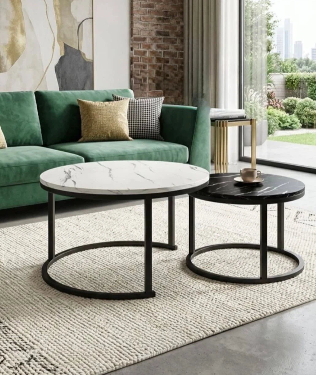 Set of 2 Round Coffee Tables with Marble Tops
