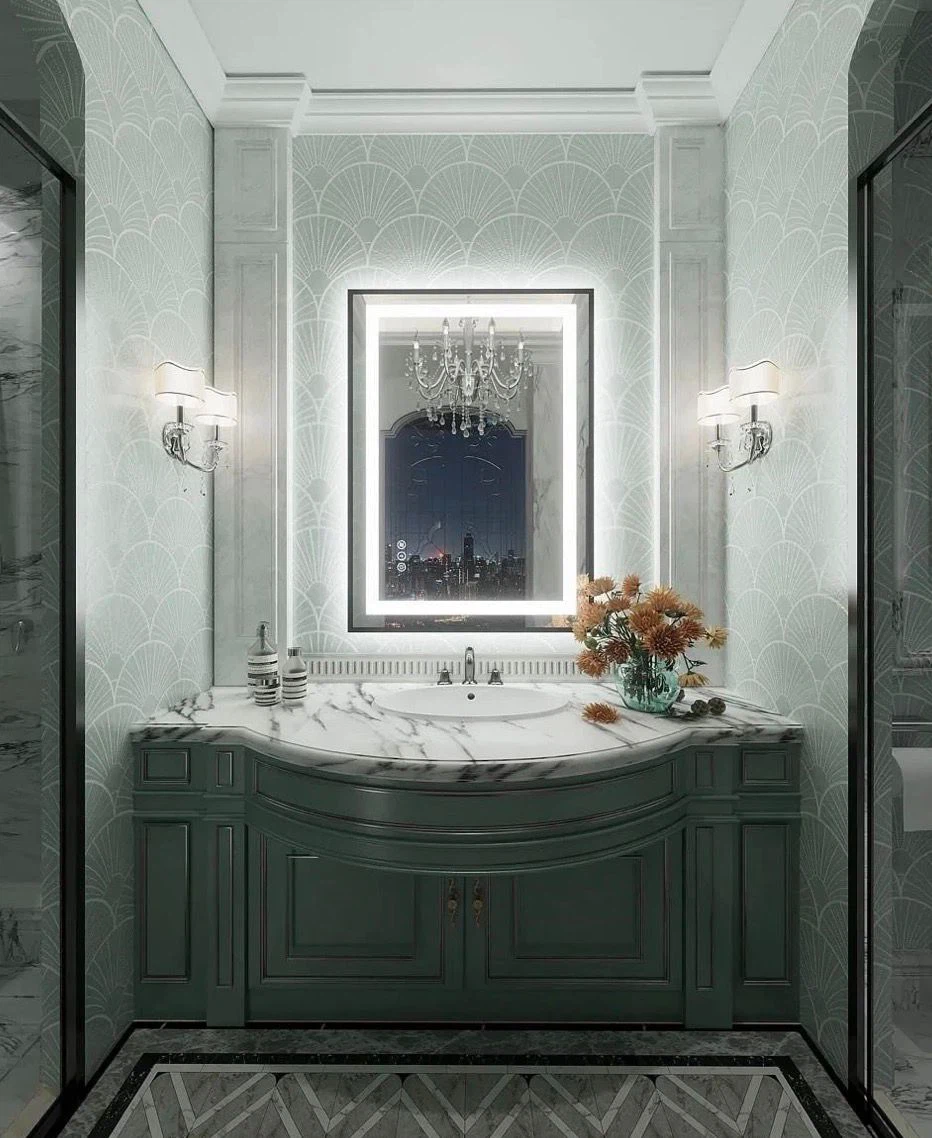 Green Vanity with Marble Countertop
