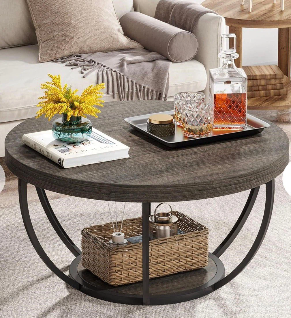 Round Coffee Table with Woven Storage Basket