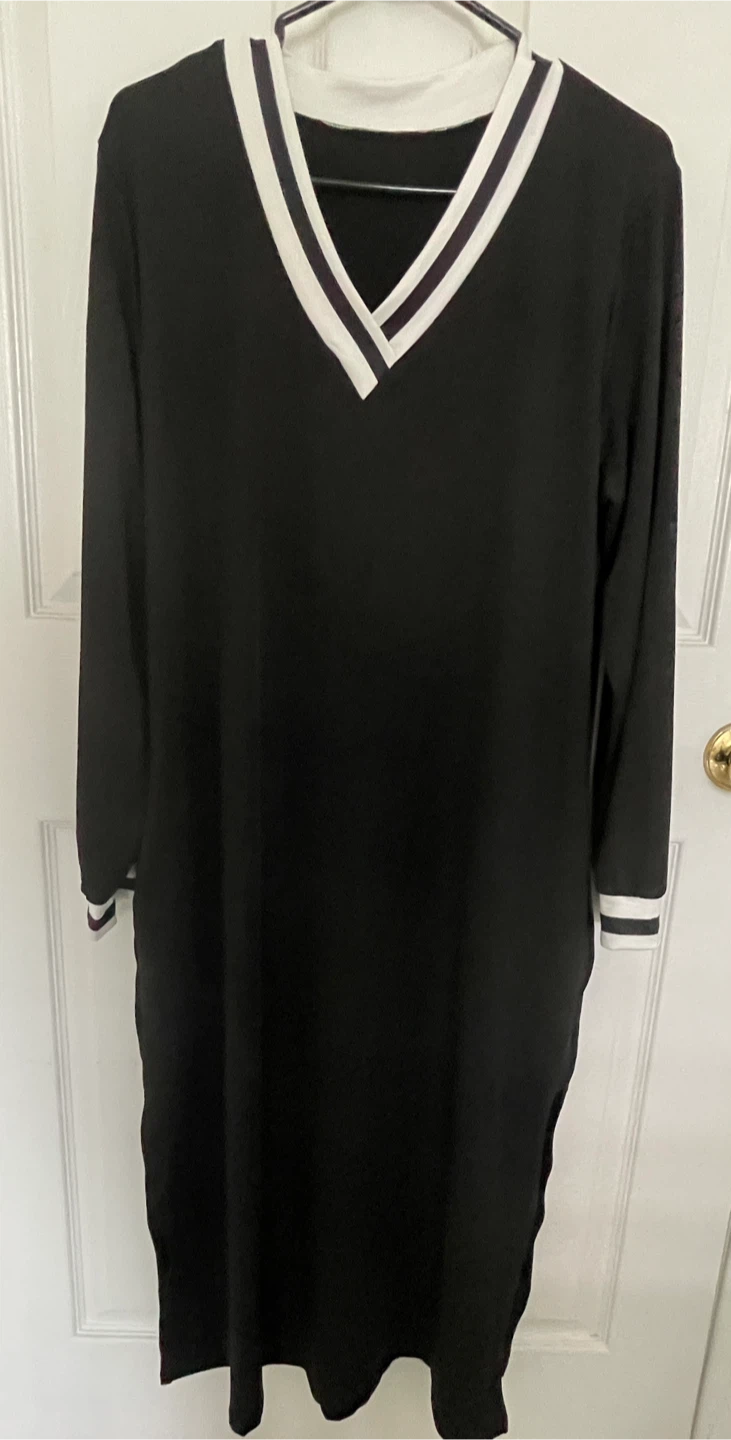 Black V-Neck Long Sleeve Dress with White Trim