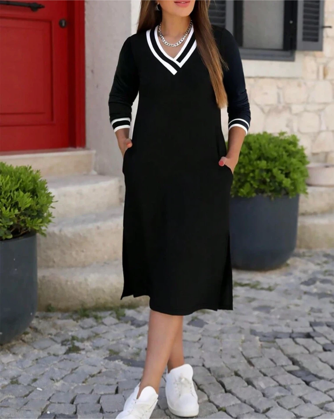 Black V-Neck Long Sleeve Dress with White Trim - photo 2