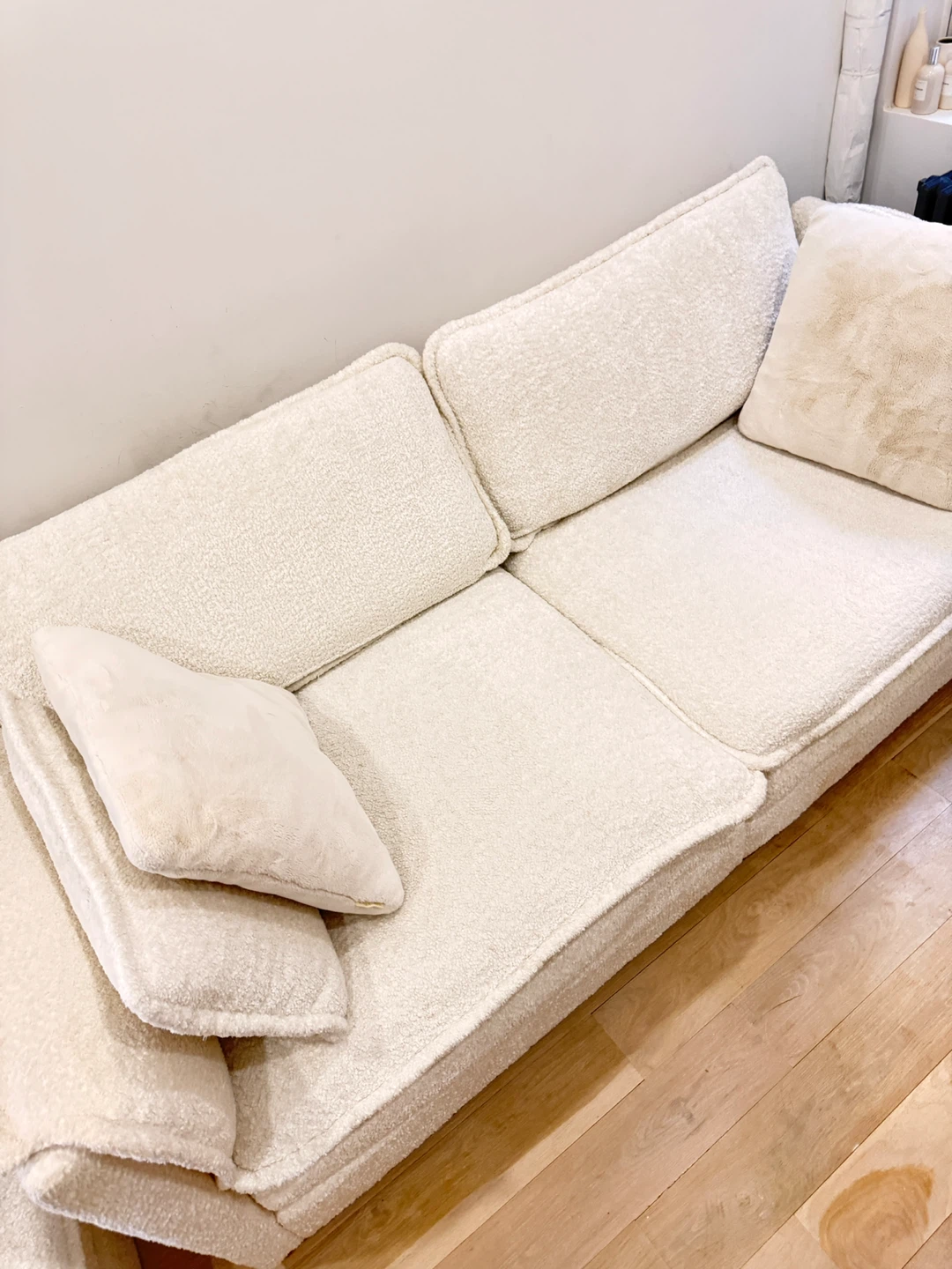 Cream / Beige Chenille Sofa with ottoman and accent pillows