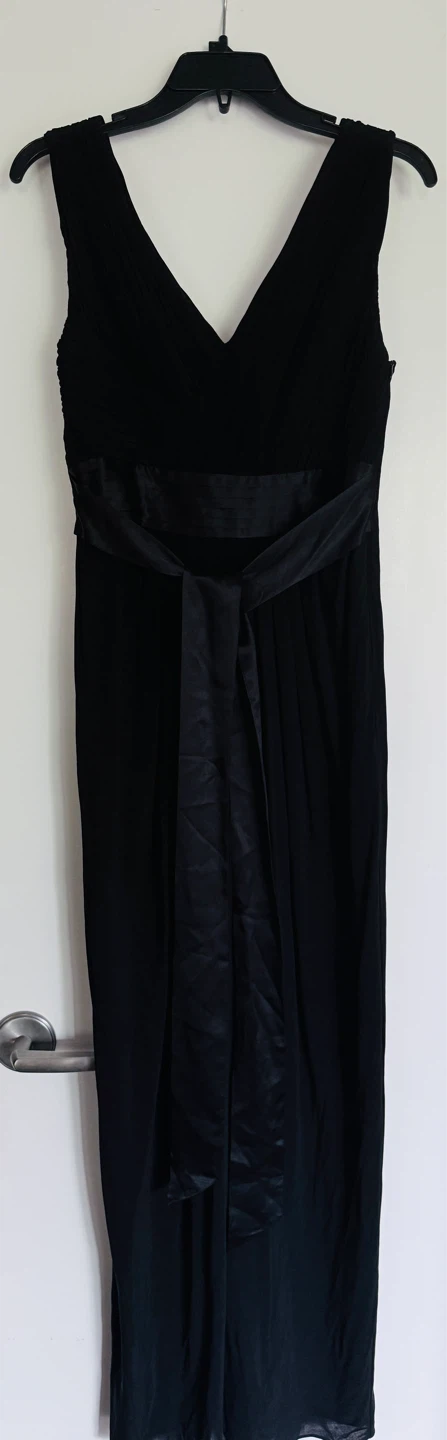 Black Pleated V-Neck Maxi Dress with Satin Sash