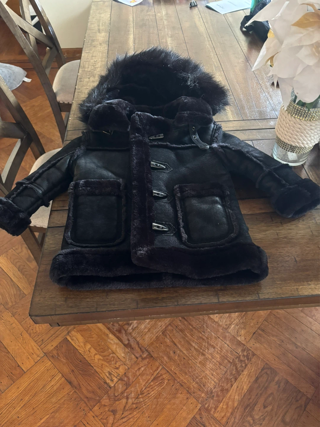 Kids Black Faux Fur Lined Duffle Coat