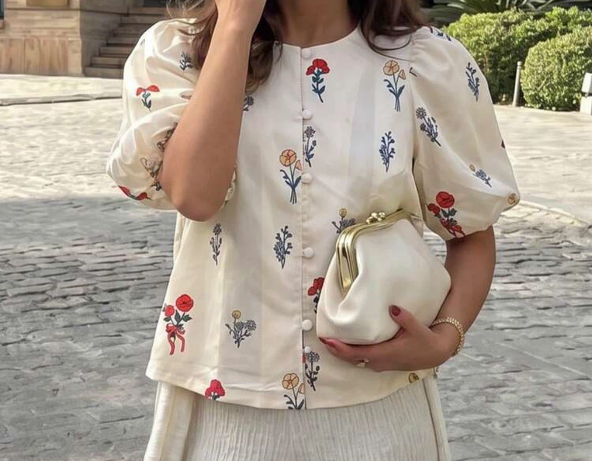 Cream Floral Puff Sleeve Button-Up Blouse - photo 2