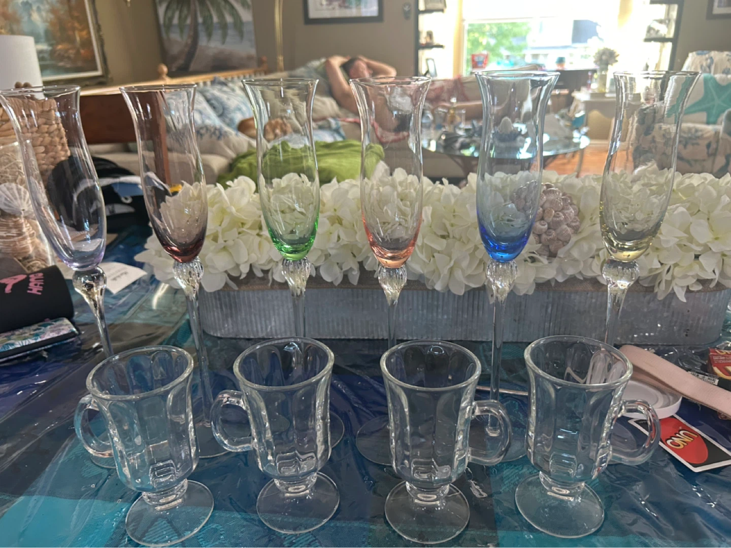 Set of 6 Coloured Stem Champagne Flutes and 4 Clear Mugs