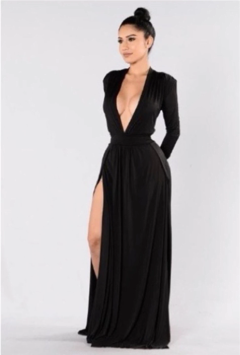 Fashion Nova Black Deep-V Long Sleeve Maxi Dress w shoulder pads