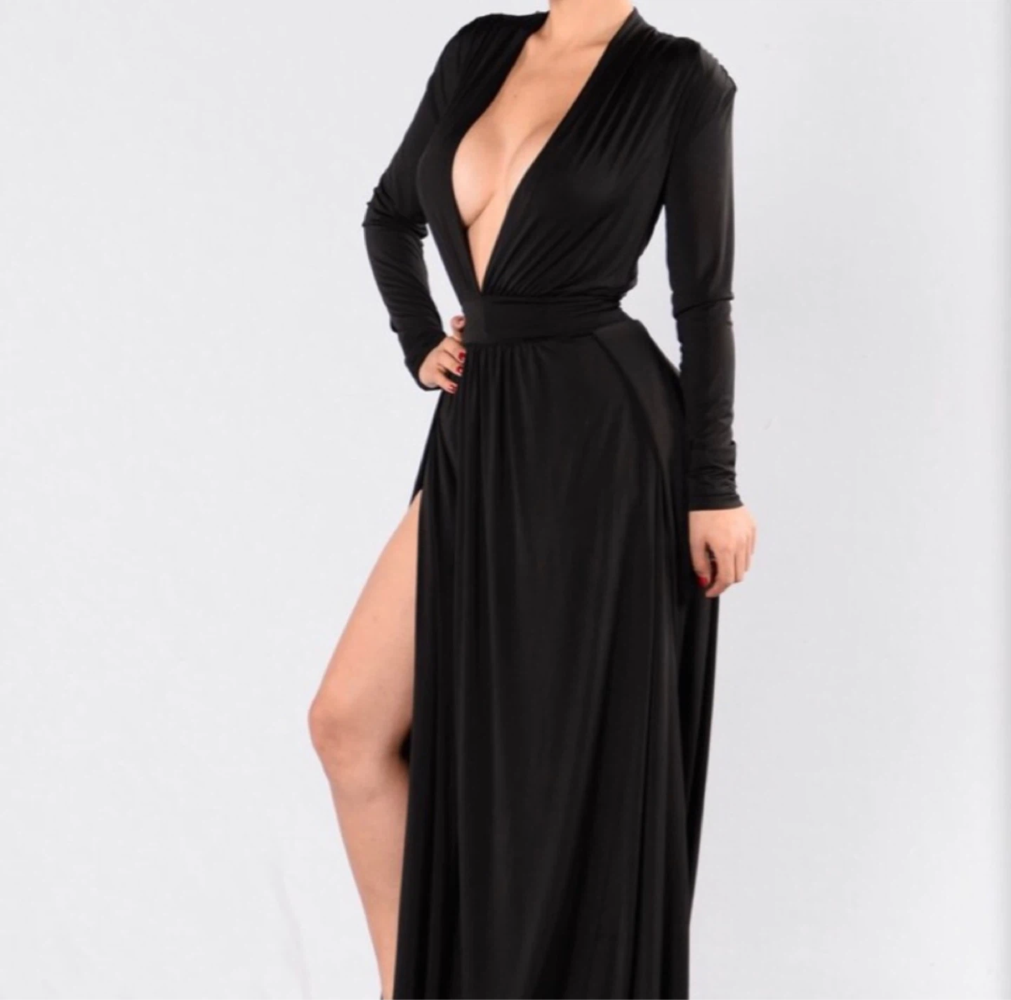 Fashion Nova Black Deep-V Long Sleeve Maxi Dress w shoulder pads - photo 3