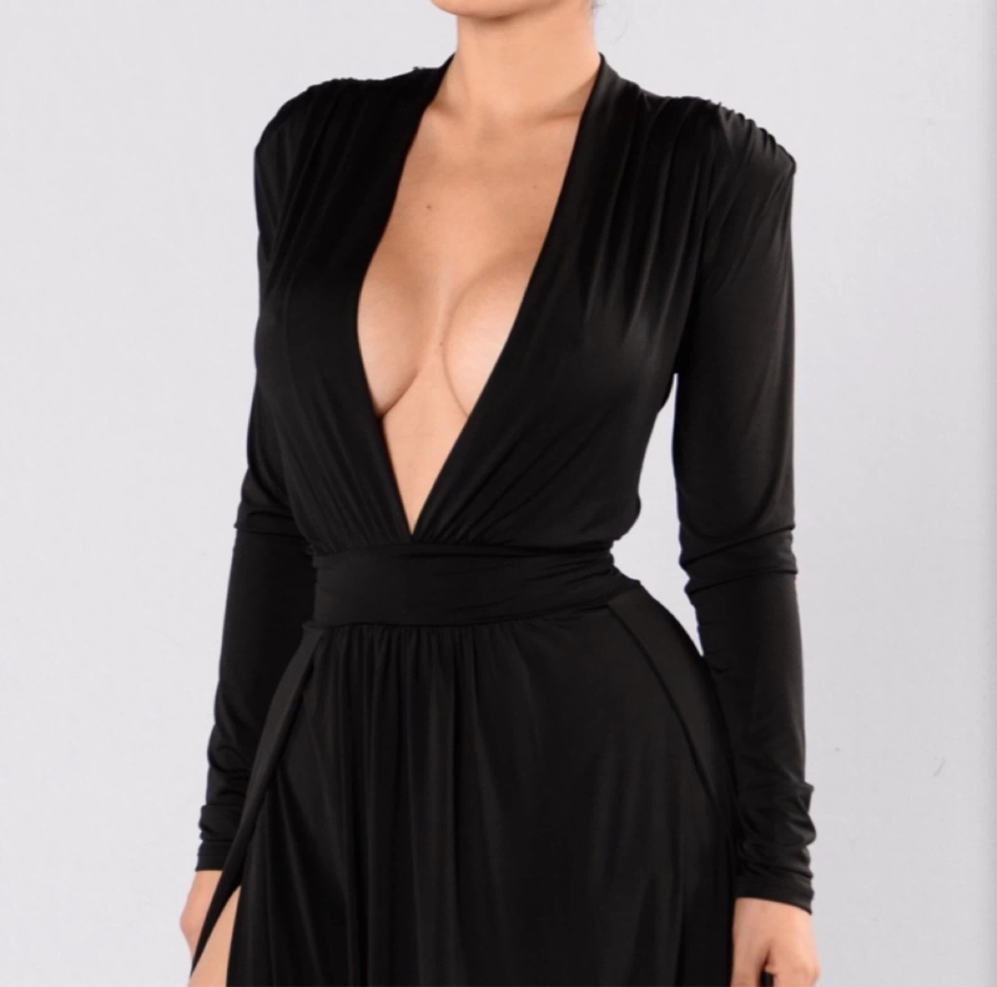Fashion Nova Black Deep-V Long Sleeve Maxi Dress w shoulder pads - photo 4